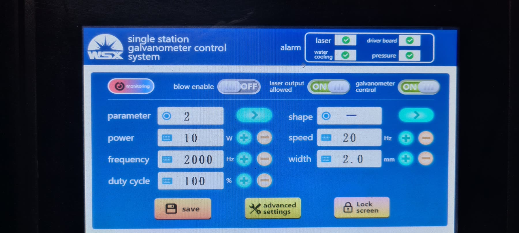 Interface do sistema de controle do galvanômetro durante ajuste de parâmetros