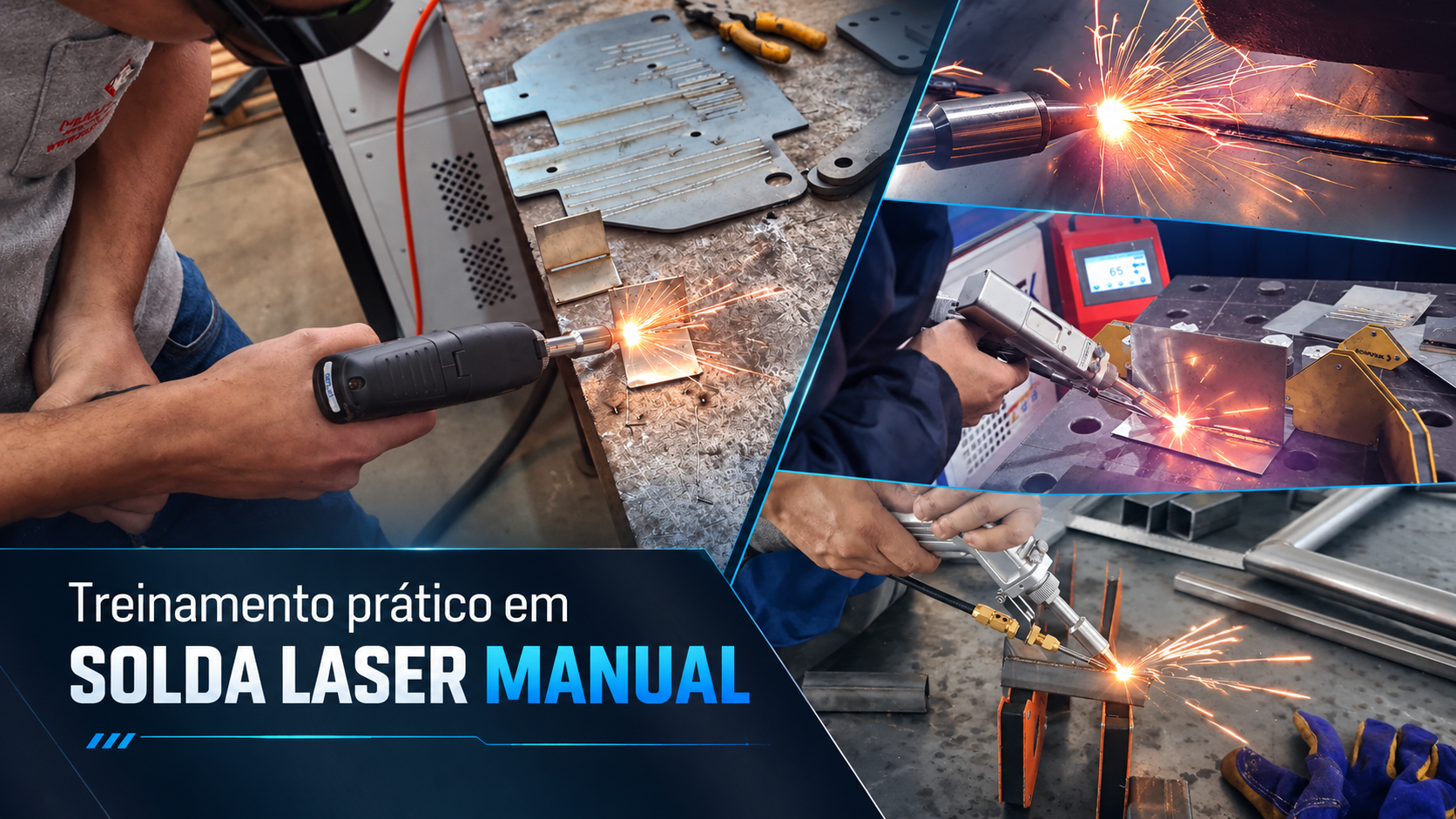 Montagem de atividades práticas de soldagem laser manual em ambiente industrial